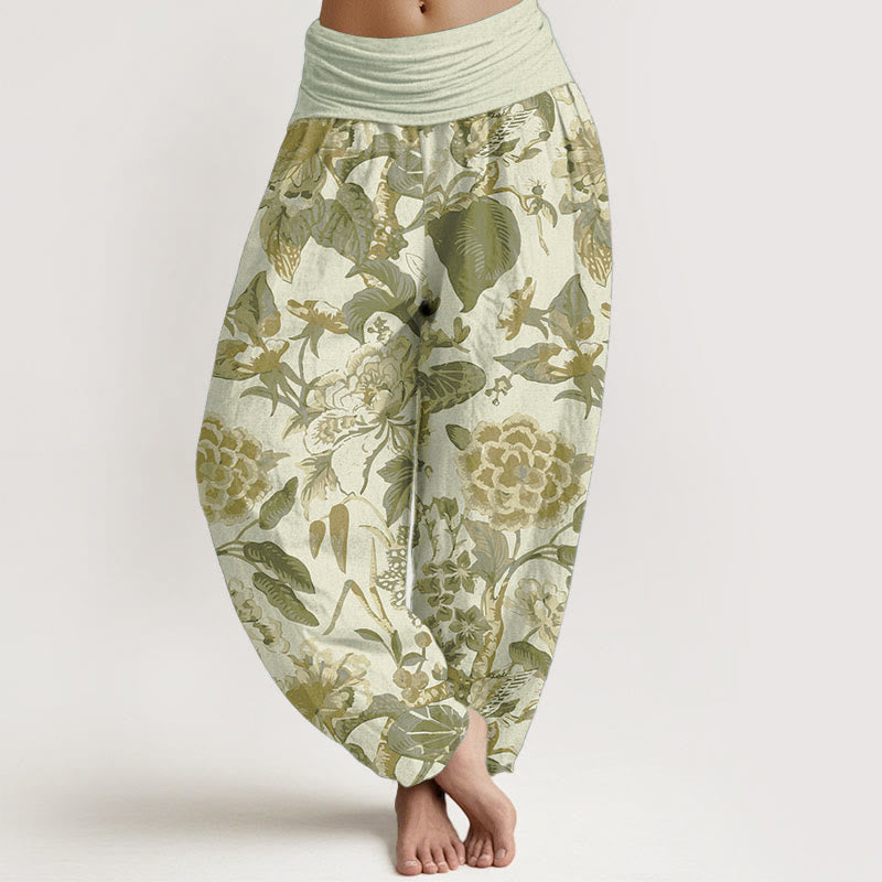 Pantalones Buddha Stones de algodón puro con estampado de peonías y hojas de loto para mujer, cintura elástica - Beige - US22，UK/AU26，EU54 (6XL) - image 9