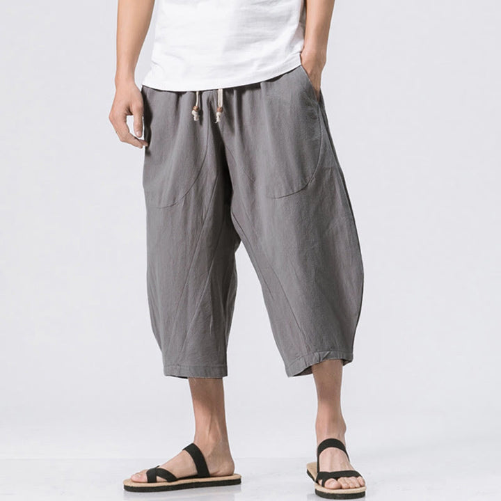Pantalones casuales de verano con diseño sencillo y liso de Buddha Stones, de longitud 7-8, con cordón y bolsillos para hombre - Gris claro - US/UK/AU46, EU56 (5XL) - image 0