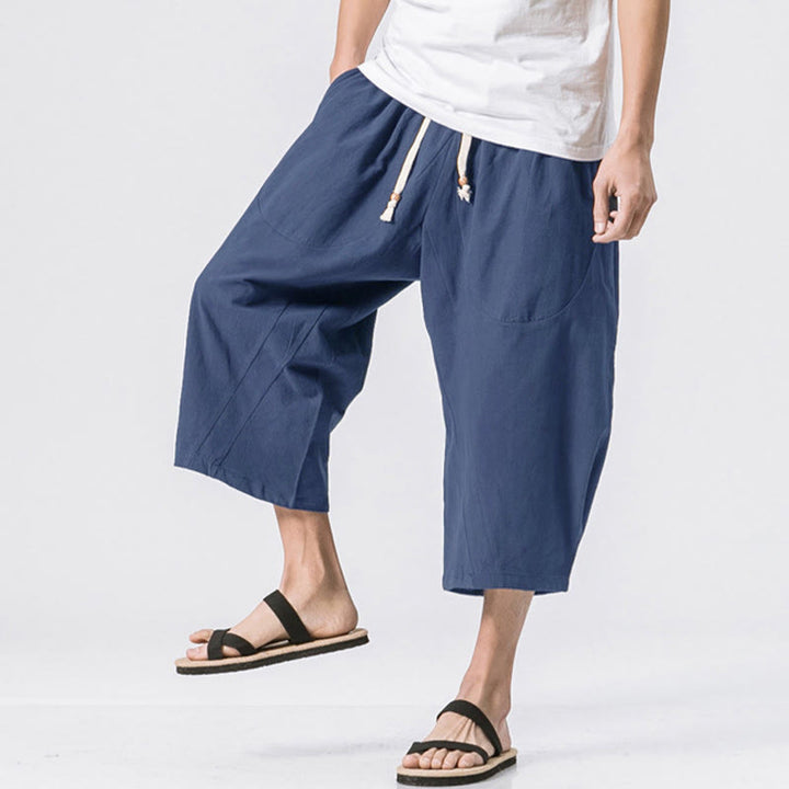 Pantalones casuales de verano con diseño sencillo y liso de Buddha Stones, de longitud 7-8, con cordón y bolsillos para hombre - Azul medianoche - US/UK/AU46, EU56 (5XL) - image 15