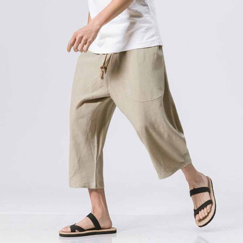 Pantalones casuales de verano con diseño sencillo y liso de Buddha Stones, de longitud 7-8, con cordón y bolsillos para hombre - image 14