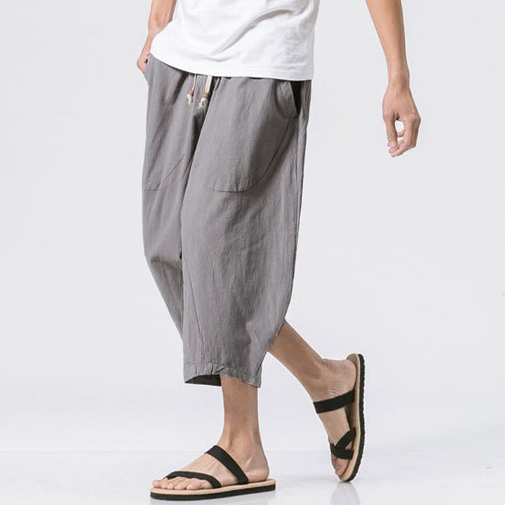 Pantalones casuales de verano con diseño sencillo y liso de Buddha Stones, de longitud 7-8, con cordón y bolsillos para hombre - image 3