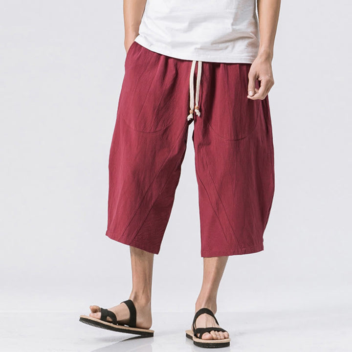 Pantalones casuales de verano con diseño sencillo y liso de Buddha Stones, de longitud 7-8, con cordón y bolsillos para hombre - Carmesí - US/UK/AU46, EU56 (5XL) - image 4