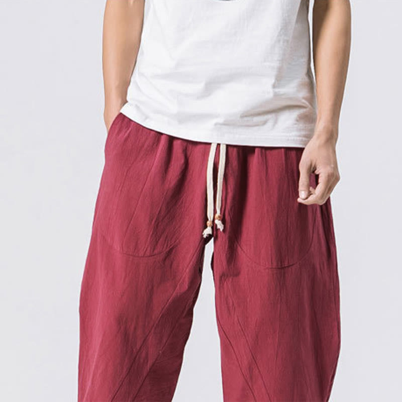 Pantalones casuales de verano con diseño sencillo y liso de Buddha Stones, de longitud 7-8, con cordón y bolsillos para hombre - image 8