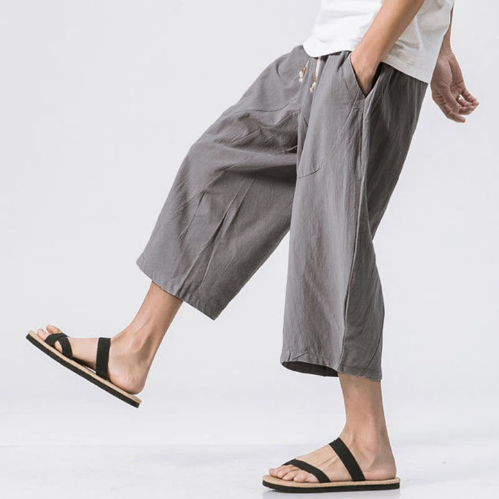 Pantalones casuales de verano con diseño sencillo y liso de Buddha Stones, de longitud 7-8, con cordón y bolsillos para hombre - image 2