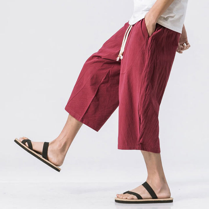 Pantalones casuales de verano con diseño sencillo y liso de Buddha Stones, de longitud 7-8, con cordón y bolsillos para hombre - image 5