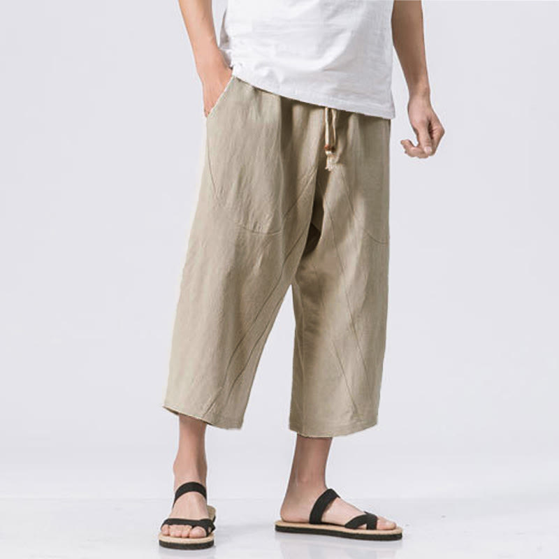 Pantalones casuales de verano con diseño sencillo y liso de Buddha Stones, de longitud 7-8, con cordón y bolsillos para hombre - Beige - US/UK/AU46, EU56 (5XL) - image 12