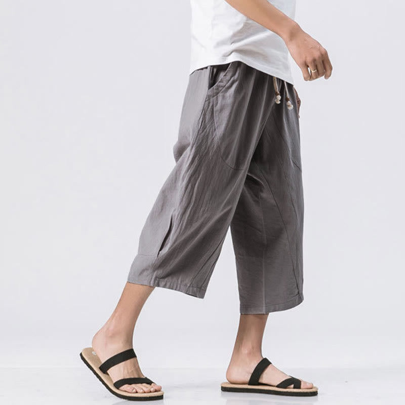 Pantalones casuales de verano con diseño sencillo y liso de Buddha Stones, de longitud 7-8, con cordón y bolsillos para hombre - image 1