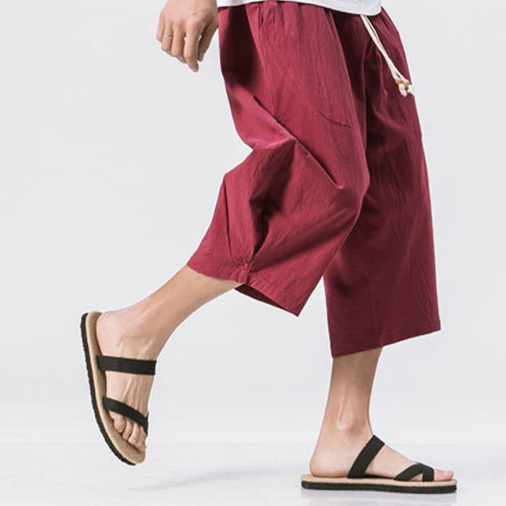 Pantalones casuales de verano con diseño sencillo y liso de Buddha Stones, de longitud 7-8, con cordón y bolsillos para hombre - image 6