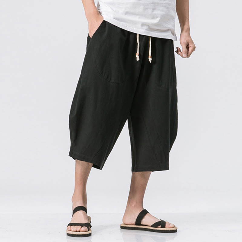 Pantalones casuales de verano con diseño sencillo y liso de Buddha Stones, de longitud 7-8, con cordón y bolsillos para hombre - Negro - US/UK/AU46, EU56 (5XL) - image 9