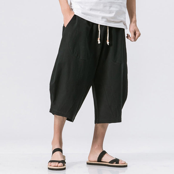 Pantalones casuales de verano con diseño sencillo y liso de Buddha Stones, de longitud 7-8, con cordón y bolsillos para hombre - Negro - US/UK/AU46, EU56 (5XL) - image 9