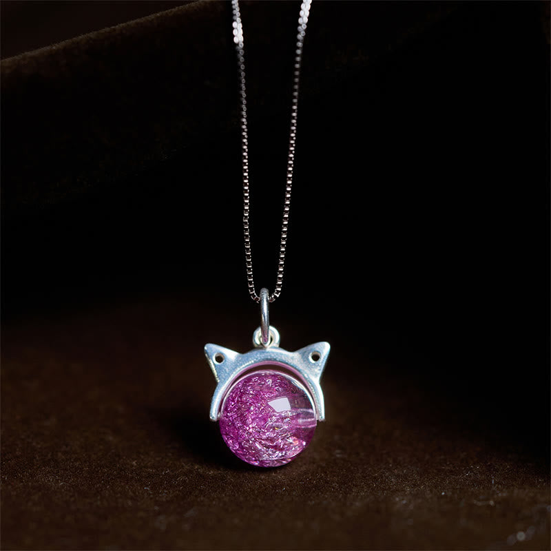 Collar con colgante de gato de cristal Super Seven con fuegos artificiales de color morado claro natural en plata de ley 925 con Buddha Stones - Cadena de 10 mm + 0,8 mm - image 0