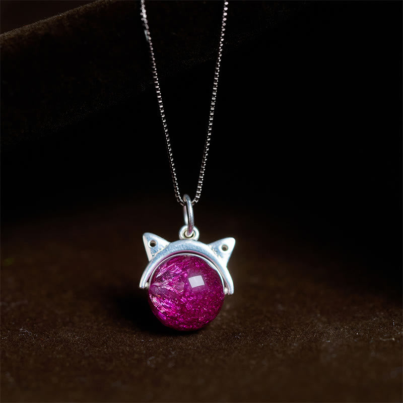 Collar con colgante de gato de cristal Super Seven de Buddha Stones , en plata de ley 925, con fuegos artificiales de color morado oscuro natural. - Cadena de 10 mm + 0,8 mm - image 0