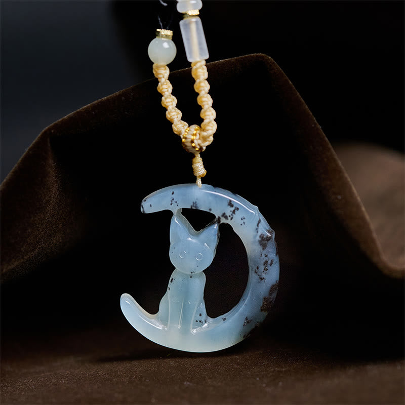 Collar con colgante de jade de Xiuyan natural con forma de media luna y gato, Buddha Stones - Colgante y cuerda - image 0
