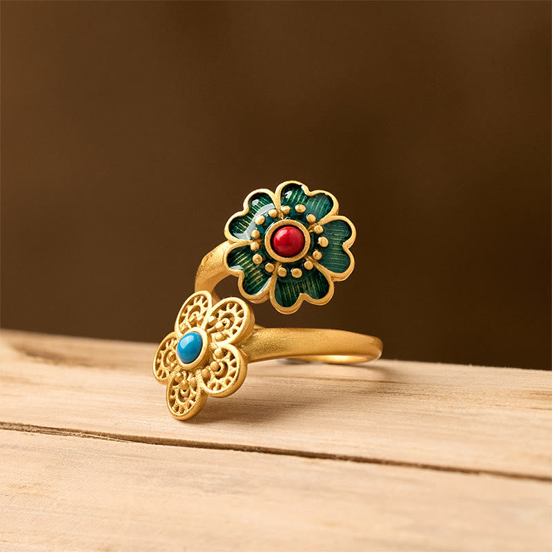 Anillo de riqueza con doble pétalo de cobre y turquesa con Buddha Stones - image 1