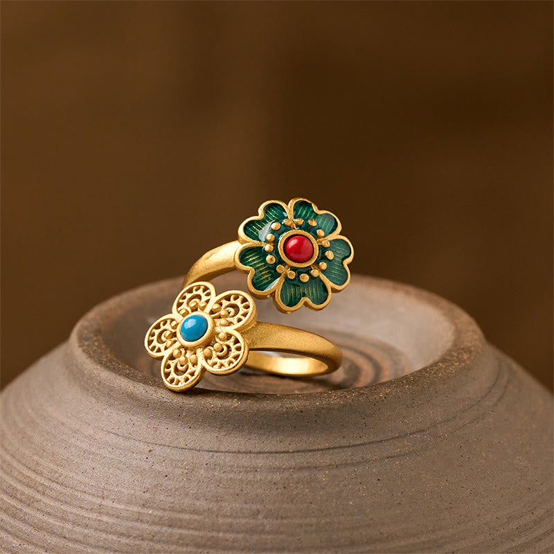 Anillo de riqueza con doble pétalo de cobre y turquesa con Buddha Stones - Pétalos de cobre - image 0