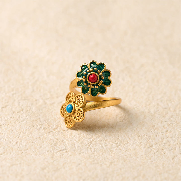 Anillo de riqueza con doble pétalo de cobre y turquesa con Buddha Stones - image 2