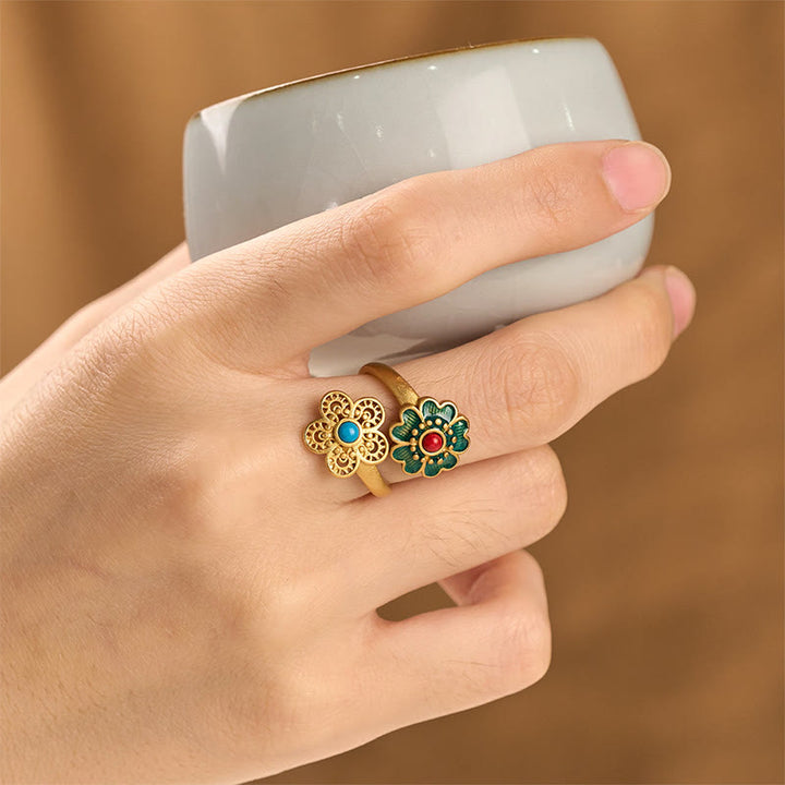 Anillo de riqueza con doble pétalo de cobre y turquesa con Buddha Stones - image 4