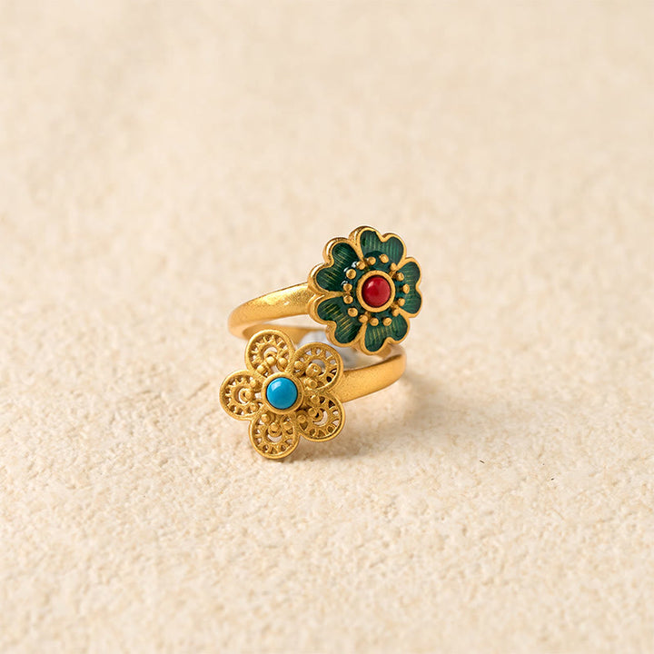 Anillo de riqueza con doble pétalo de cobre y turquesa con Buddha Stones - image 3