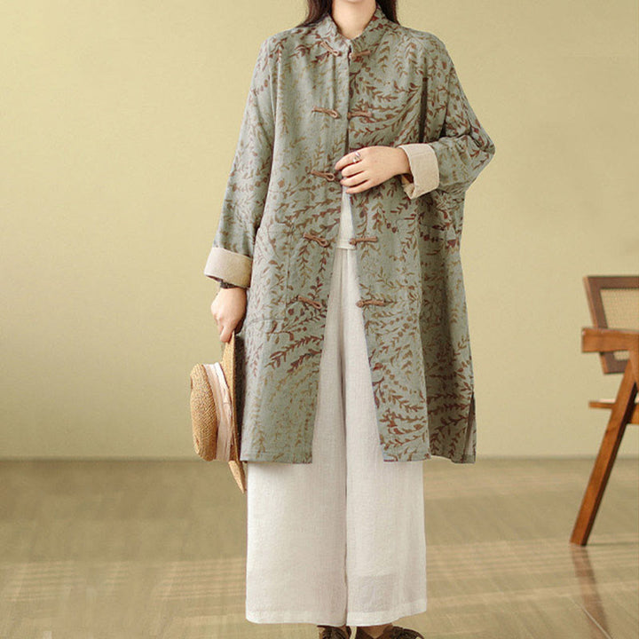 Abrigo de mujer con botones de rana y hojas de parra con bolsillos de Buddha Stones - Verde mar oscuro - US14，UK/AU18，EU46 (2XL) - image 0