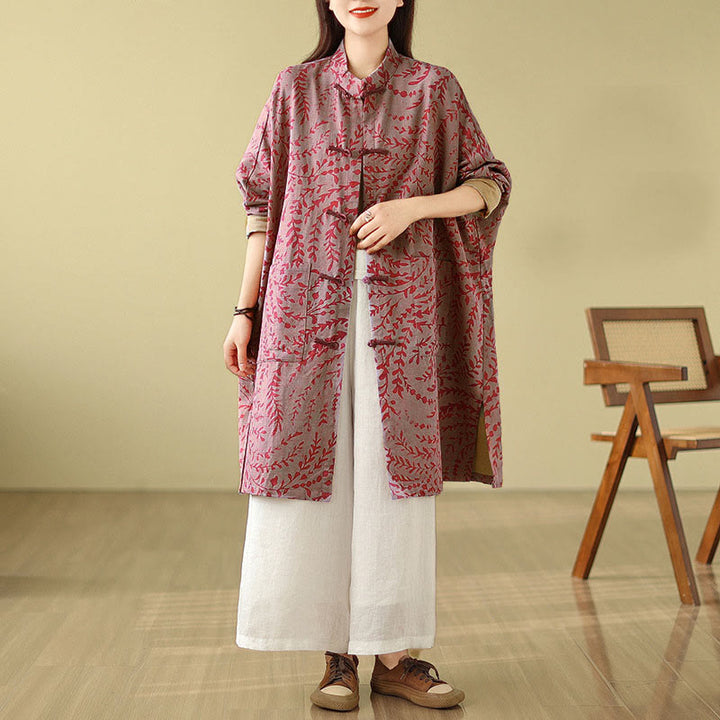 Abrigo de mujer con botones de rana y hojas de parra con bolsillos de Buddha Stones - Violeta pálido rojo - US14，UK/AU18，EU46 (2XL) - image 7