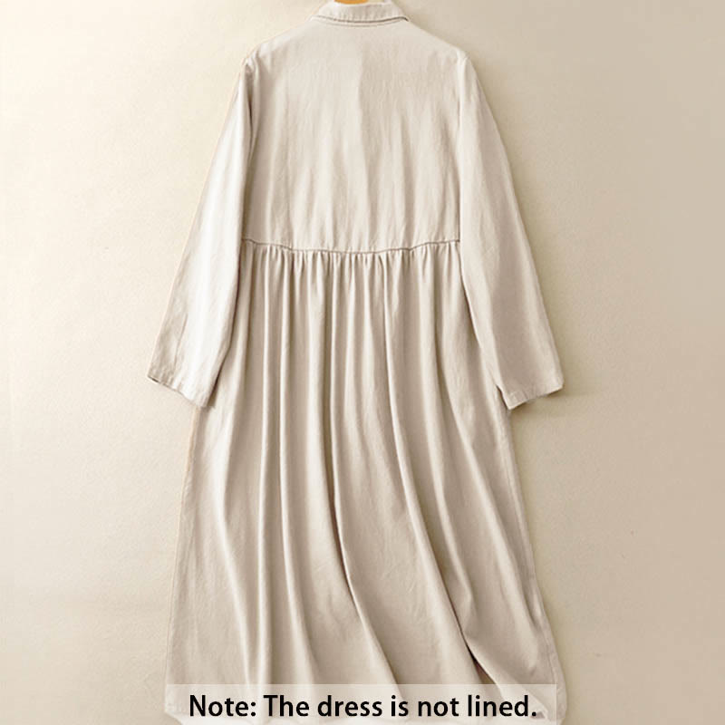 Vestido midi de algodón con solapa y diseño de botones en color puro de Buddha Stones Commute, manga larga - image 1