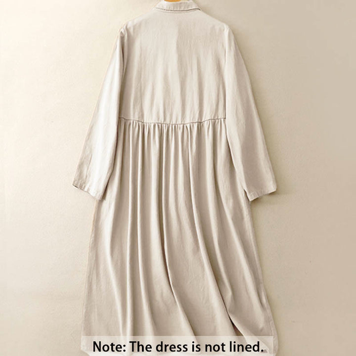 Vestido midi de algodón con solapa y diseño de botones en color puro de Buddha Stones Commute, manga larga - image 1