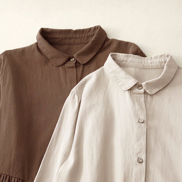 Vestido midi de algodón con solapa y diseño de botones en color puro de Buddha Stones Commute, manga larga - image 14