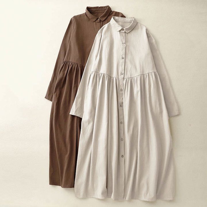 Vestido midi de algodón con solapa y diseño de botones en color puro de Buddha Stones Commute, manga larga - image 8