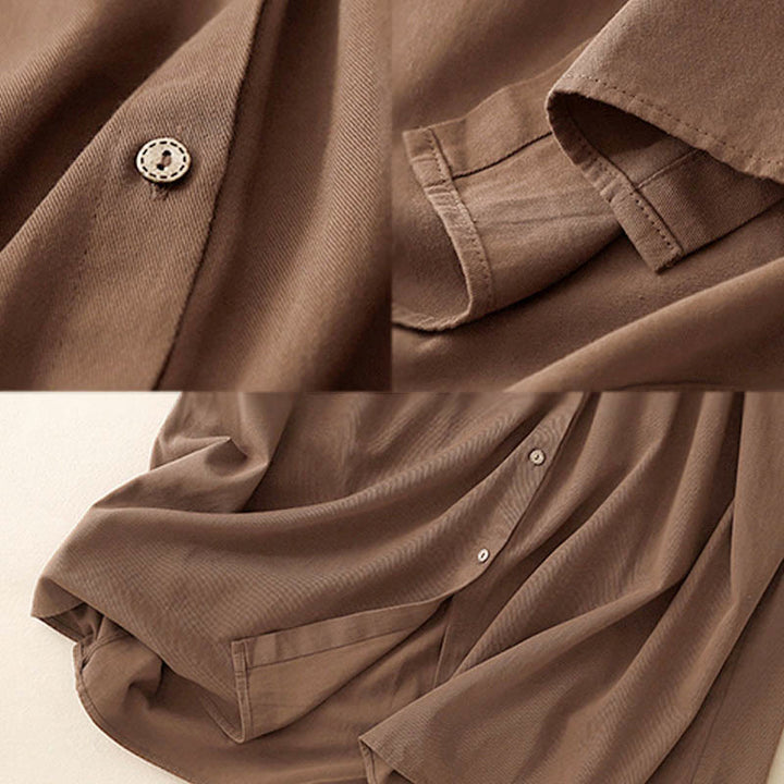 Vestido midi de algodón con solapa y diseño de botones en color puro de Buddha Stones Commute, manga larga - image 12