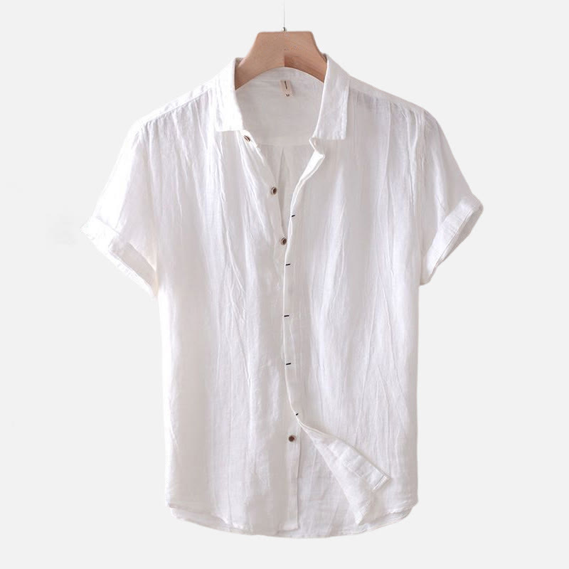 Camisa de lino y algodón con solapa y botones de manga corta para hombre con Buddha Stones - Manga corta - Blanco - US/UK/AU50, UE60 (5XL) - image 7