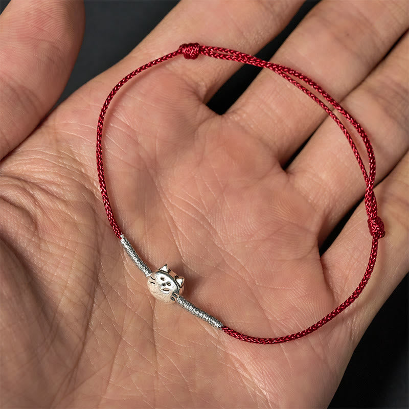 Pulsera trenzada de hilo rojo con diseño de gato y Buddha Stones en plata de ley 925 - image 9