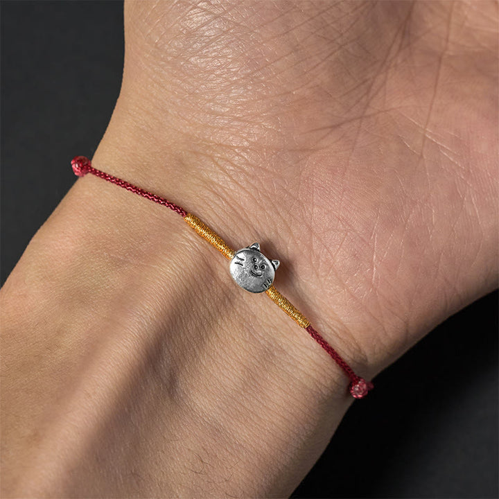 Pulsera trenzada de hilo rojo con diseño de gato y Buddha Stones en plata de ley 925 - image 3