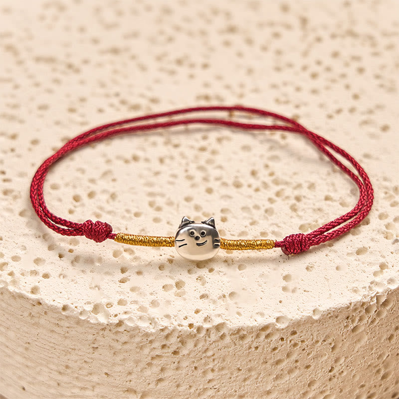 Pulsera trenzada de hilo rojo con diseño de gato y Buddha Stones en plata de ley 925 - image 1
