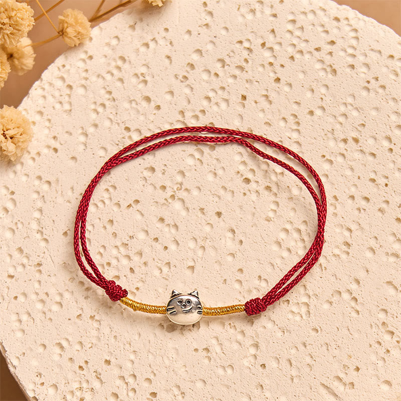 Pulsera trenzada de hilo rojo con diseño de gato y Buddha Stones en plata de ley 925 - image 2