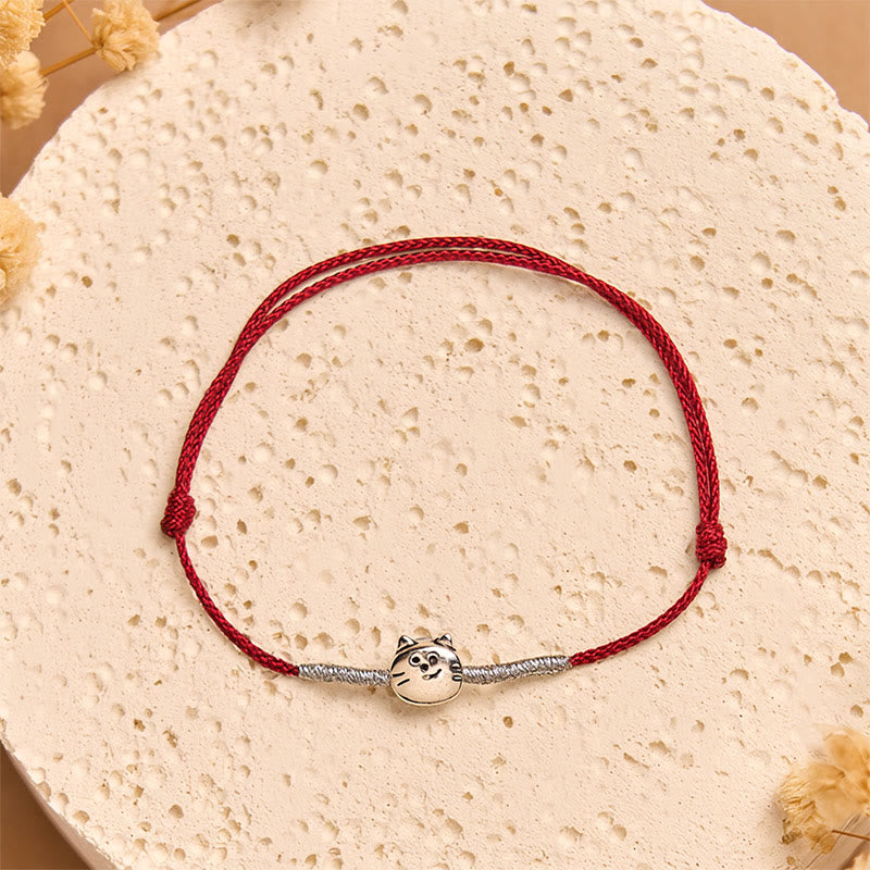 Pulsera trenzada de hilo rojo con diseño de gato y Buddha Stones en plata de ley 925 - Hilo rojo plateado (circunferencia de muñeca: 14-18 cm) - image 8