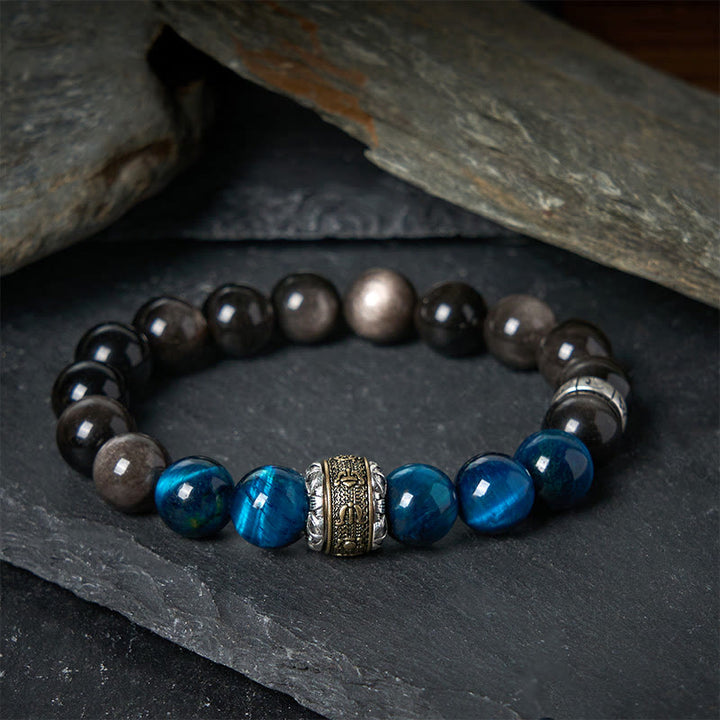 Buddha Stones Plata Natural Brillo Obsidiana Azul Ojo de Tigre Om Mani Padme Hum Pulsera de Comunicación - 20 centímetros - image 0
