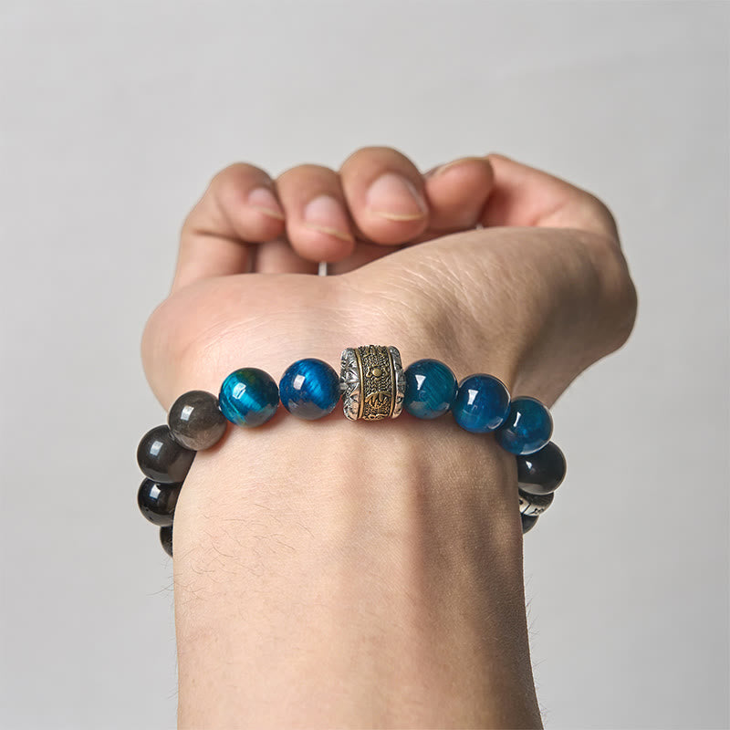 Buddha Stones Plata Natural Brillo Obsidiana Azul Ojo de Tigre Om Mani Padme Hum Pulsera de Comunicación - image 3