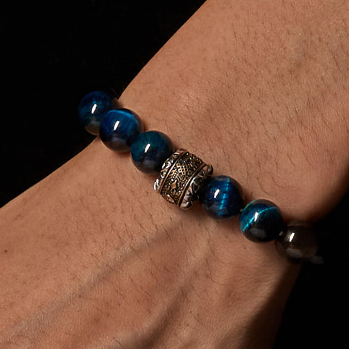 Buddha Stones Plata Natural Brillo Obsidiana Azul Ojo de Tigre Om Mani Padme Hum Pulsera de Comunicación - image 2
