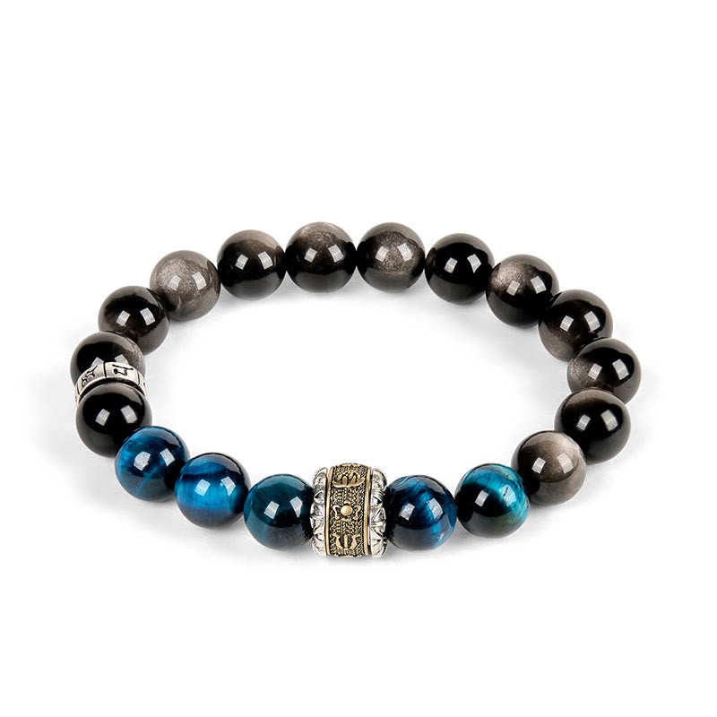 Buddha Stones Plata Natural Brillo Obsidiana Azul Ojo de Tigre Om Mani Padme Hum Pulsera de Comunicación - image 4