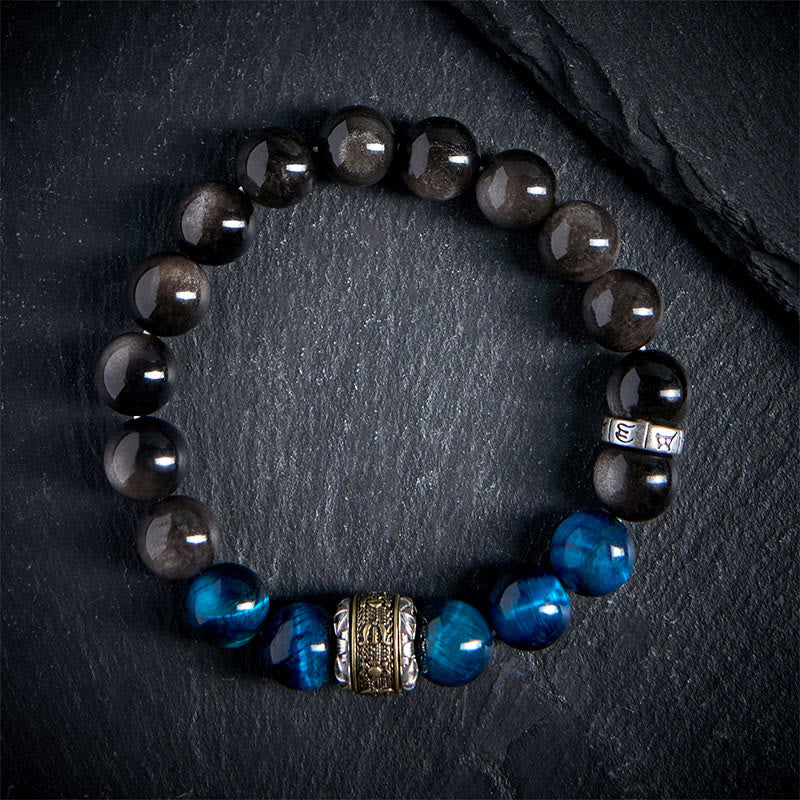 Buddha Stones Plata Natural Brillo Obsidiana Azul Ojo de Tigre Om Mani Padme Hum Pulsera de Comunicación - image 1