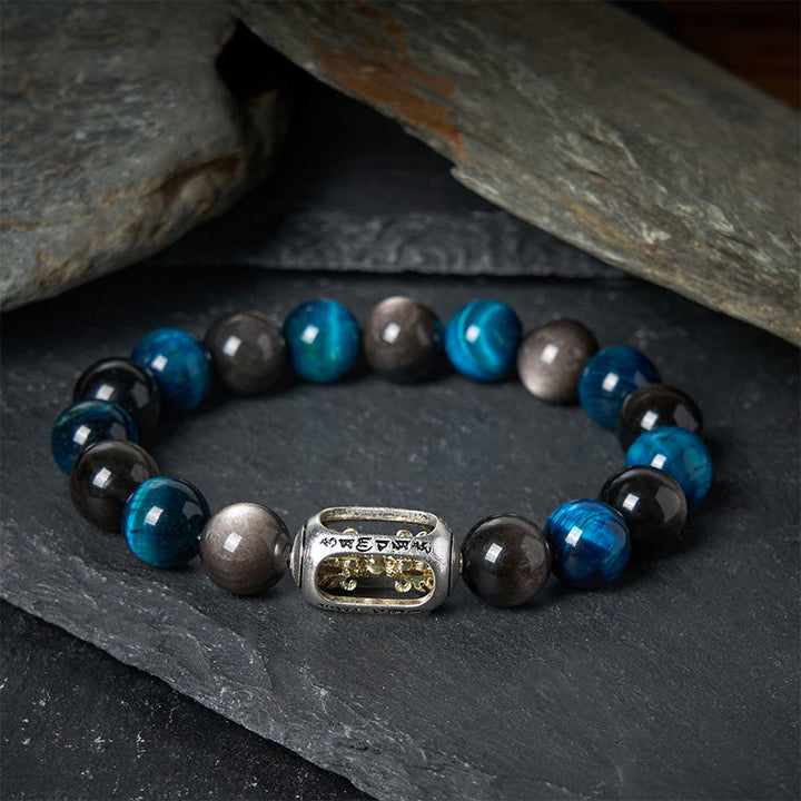 Pulsera relajante Om Mani Padme Hum con obsidiana azul, ojo de tigre y brillo plateado natural de Buddha Stones - 20 centímetros - image 0