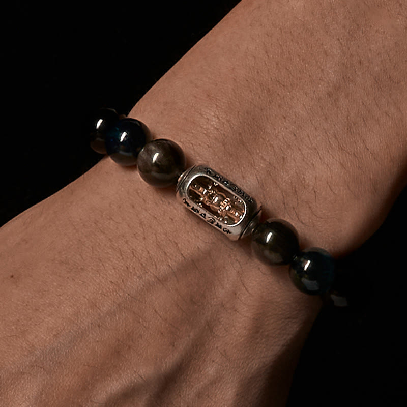 Pulsera relajante Om Mani Padme Hum con obsidiana azul, ojo de tigre y brillo plateado natural de Buddha Stones - image 3