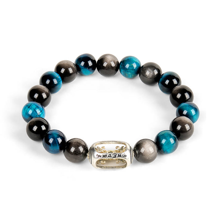 Pulsera relajante Om Mani Padme Hum con obsidiana azul, ojo de tigre y brillo plateado natural de Buddha Stones - image 4
