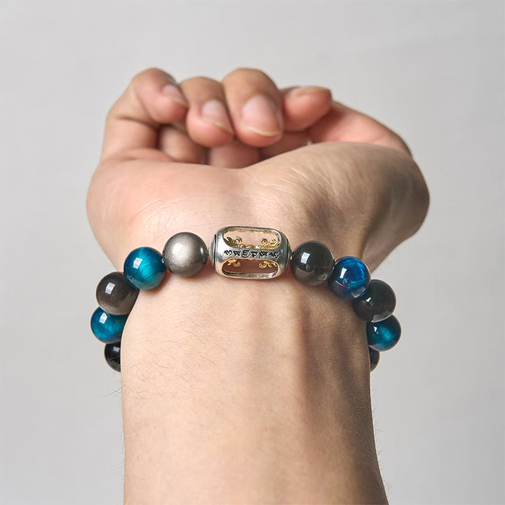 Pulsera relajante Om Mani Padme Hum con obsidiana azul, ojo de tigre y brillo plateado natural de Buddha Stones - image 2