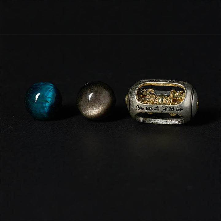 Pulsera relajante Om Mani Padme Hum con obsidiana azul, ojo de tigre y brillo plateado natural de Buddha Stones - image 7