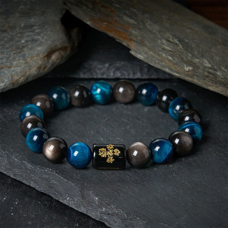 Pulsera de protección de cinco elementos con Buddha Stones, obsidiana plateada, ojo de tigre azul y ónix negro - 20 centímetros - image 0