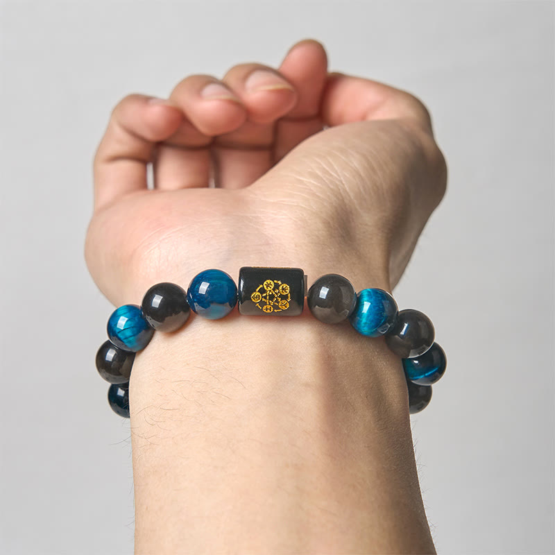 Pulsera de protección de cinco elementos con Buddha Stones, obsidiana plateada, ojo de tigre azul y ónix negro - image 3