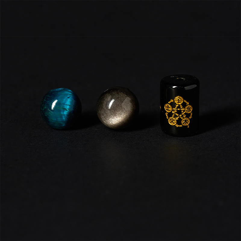 Pulsera de protección de cinco elementos con Buddha Stones, obsidiana plateada, ojo de tigre azul y ónix negro - image 7