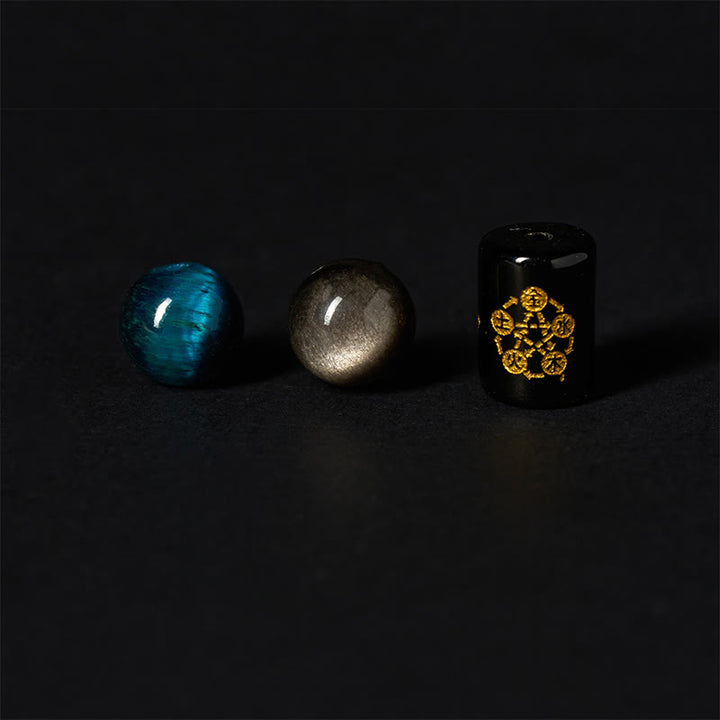 Pulsera de protección de cinco elementos con Buddha Stones, obsidiana plateada, ojo de tigre azul y ónix negro - image 7