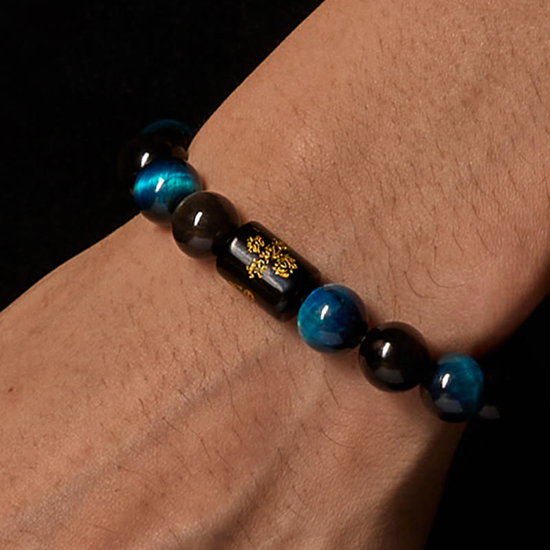 Pulsera de protección de cinco elementos con Buddha Stones, obsidiana plateada, ojo de tigre azul y ónix negro - image 2